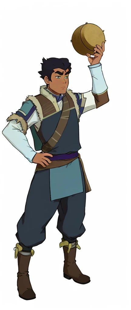 African-American, Bolin, water tribe traditional clothing mixed of blue and purple, with fur in shoulders and neck. Long sleeve, skinny, water tribe outfit. The character is wearing a blue, short-sleeved tunic with gold trim and fastenings down the front and fur collar, and fur on the shoulders. He has on dark purple pants tucked into knee-high boots. A green sash is tied around his waist. The overall style appears to be inspired by traditional East Asian clothing designs., fur on sleeves and shoulders, clothing mixed of water tribe purple and blue color and dark purple pants.