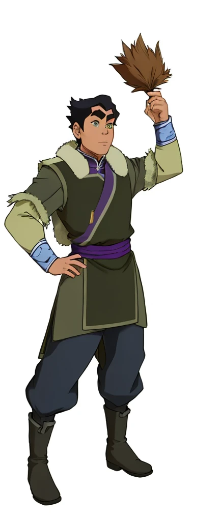 African-American, Bolin, water tribe traditional clothing mixed of blue and purple, with fur in shoulders and neck. Long sleeve, skinny, water tribe outfit. The character is wearing a blue, short-sleeved tunic with gold trim and fastenings down the front and fur collar, and fur on the shoulders. He has on dark purple pants tucked into knee-high boots. A green sash is tied around his waist. The overall style appears to be inspired by traditional East Asian clothing designs., fur on sleeves and shoulders, clothing mixed of water tribe purple and blue color and dark purple pants.