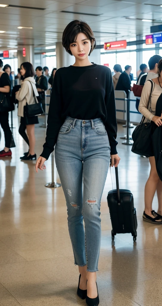 Beautiful 50s Korean woman , 32 inch chest size, Your eyes are big and pretty. Short in stature. Standing in the departure hall of the airport. . short medium hair, Standing in line at the departure hall of Frankfurt Airport, Germany. Wear comfortable travel clothes with jeans. I wore a crumpled jumper .Dragging a suitcase. short medium hair, short height, Full body shot with Canon camera 16-35 wide angle lens, short medium hair. expressionless, full body shot, perfect fingers, Make the airport electronic display visible, 멀리 full body shot, I see an electronic display board, short woman, Standing in line at the airport departure hall