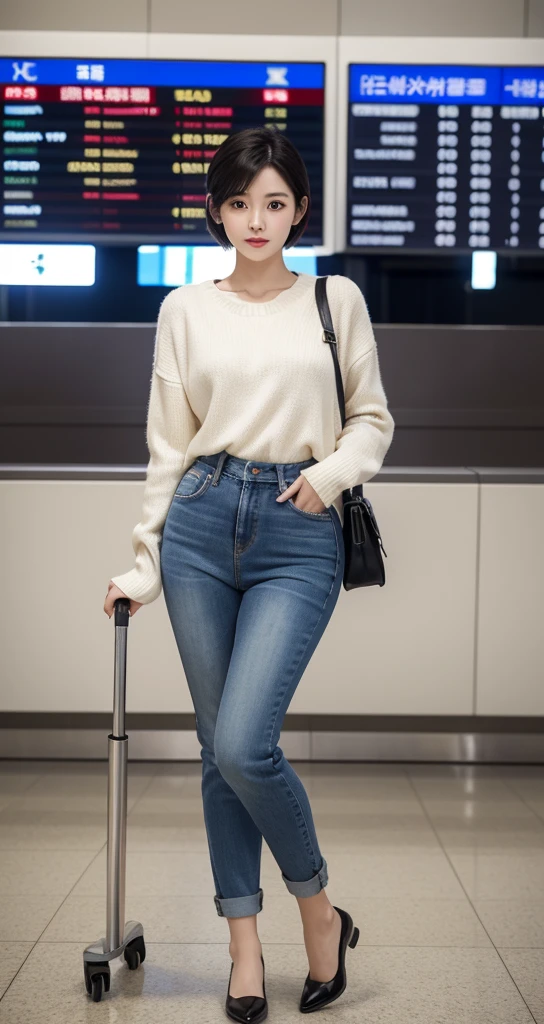 Beautiful 50s Korean woman , 32 inch chest size, Your eyes are big and pretty. Short in stature. Standing in the departure hall of the airport. . short medium hair, Standing in line at the departure hall of Frankfurt Airport, Germany. Wear comfortable travel clothes with jeans. I wore a crumpled jumper .Dragging a suitcase. short medium hair, short height, Full body shot with Canon camera 16-35 wide angle lens, short medium hair. expressionless, full body shot, perfect fingers, Make the airport electronic display visible, 멀리 full body shot, I see an electronic display board, short woman, Standing in line at the airport departure hall