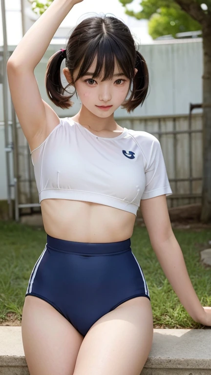 (masterpiece:1.3), (8K、Realistic, RAW Photos, Highest quality:1.2), (alone), (1 Girl), (cute:1.3), (Very beautiful 14 year old Japanese girl), nice smile, Red cheeks,Bedroom、 (Skin with attention to detail: 1.2), Photorealistic Anime Girl Rendering, Realistic anime 3D style, Beautiful brown hair,Twin tails, Intense black eyes, Strong eye highlights, (Accurate and natural large breast size), Perfect Anatomy, Bowl Cut, Blunt bangs, (Bloomers), (Old fashioned sportswear), (White tight short sleeve shirt, Dark blue short tight shorts), Accurate Arm, Five Fingers, Accurate legs, On the bench, get up, Bloomersを見せびらかす, Small area sportswear, Volumetric lighting, Soft Light, bright, neon, bright色