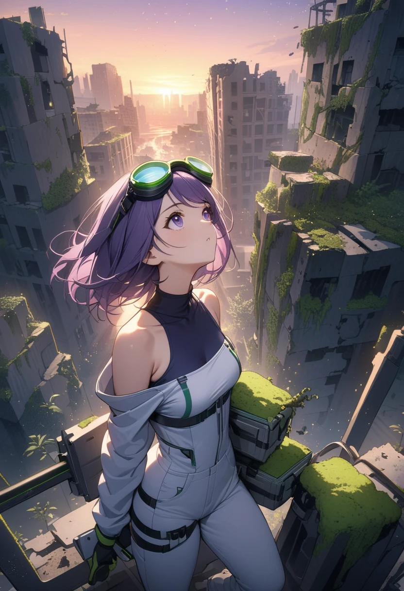 Highest quality, masterpiece, light particles, focused young woman ((looking up at sky)) while hauling surveying equipment, purple eyes, long purple hair, swept bangs, strapless blue tank top, off shoulder space suit, white jeans, black belt with equipment, green goggles on head, thin, city ruins, many plants, moss, futuristic, sunset, starry sky and meteors,