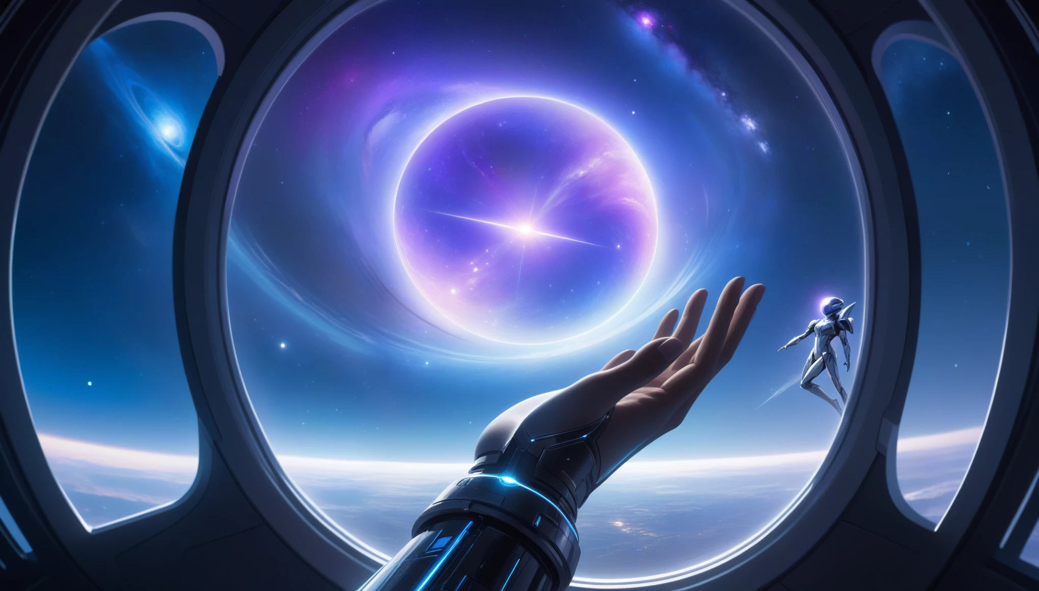 at night, front view of a figure overlooking the cosmos out of a large window in a futuristic starship with a celestial hand holding a galaxy in its palm