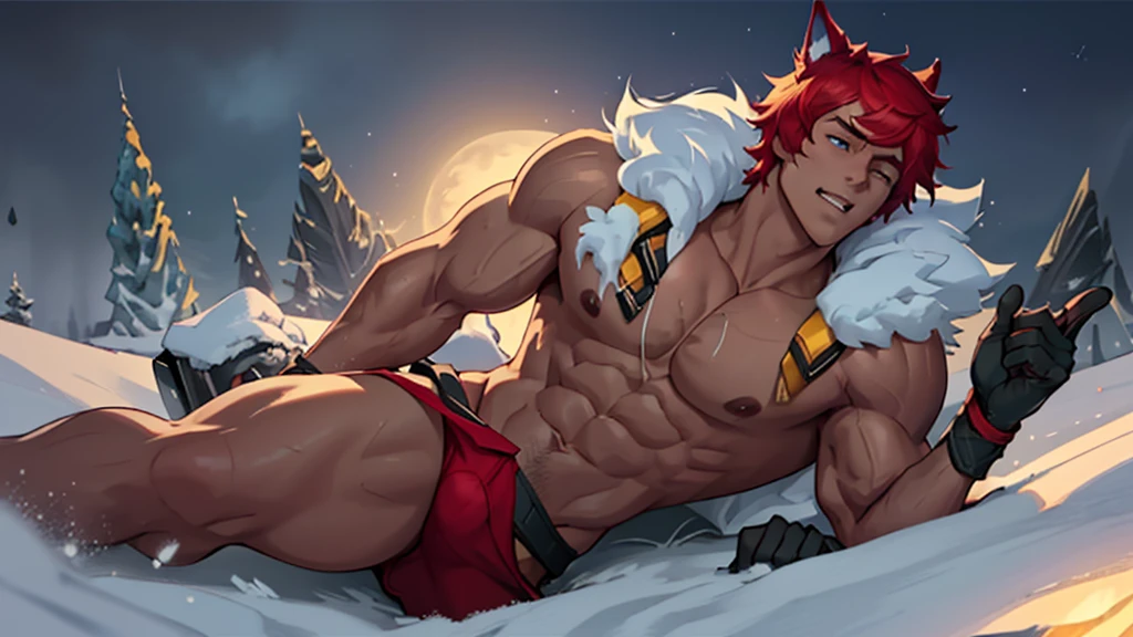 (Masterpiece, best quality),1 Boy, (Obscenity),childhood,side,Naked and lying in the snow,obscene expression,Young age,Short round face,Flat chin,Smooth and detailed face,red panties,Have muscles,bright orange short hair,blue eyes,Open his eyes wide,complicated,full body,nakedness,Obscenity,Teal panties,กล้ามเนื้อabdomen,nighttime,moon,bright colors,(depth of field:1.2),(abdomen),looking at the audience,Lying down in the snow,spread their legs,open arms,Falling snowflakes,There were many diamond-shaped ice cubes on the ground.,cold temperature, Sett, The Boss (League of Legends), 比基尼, Big muscles, Broad shoulders, handsome, The skin is doused with oil., moon, stars, Santa's Hat, White and red underwear, Bikini style underwear, cat ears,