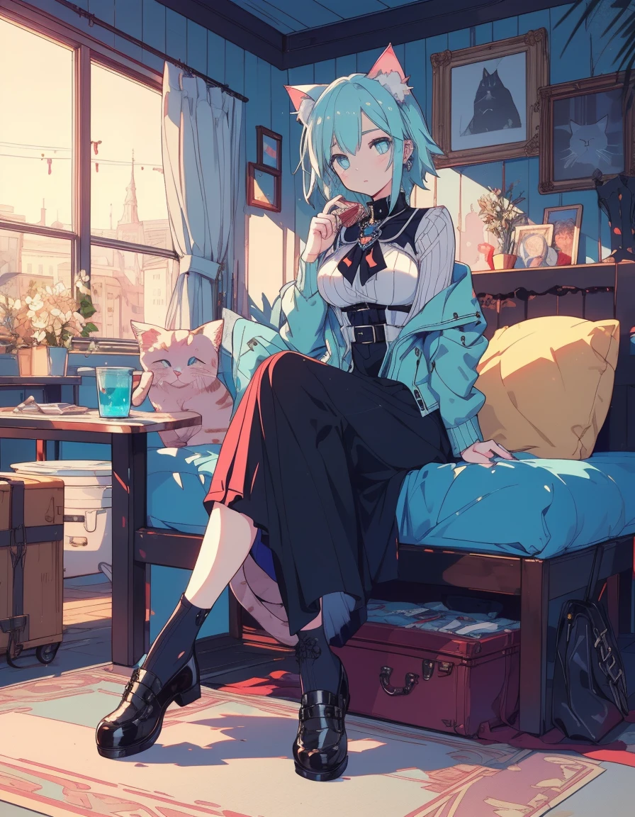 punk rock, midnight, full body, ((masterpiece, best quality:1.5)), ((Beautiful detailed cat aqua eyes:1.2)), cat ears, pale skin, medium breasts, beautiful hands, beautiful fingers, EasyNegative