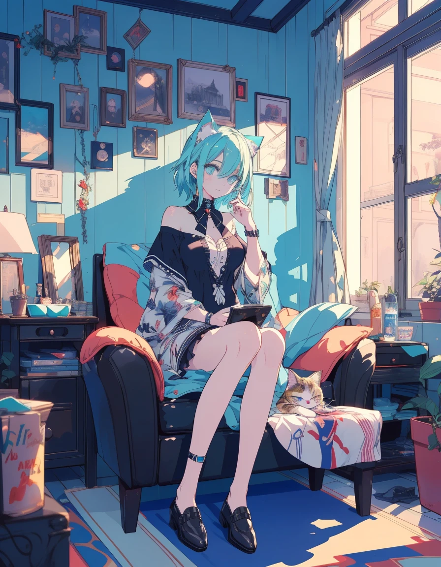 punk rock, midnight, full body, ((masterpiece, best quality:1.5)), ((Beautiful detailed cat aqua eyes:1.2)), cat ears, pale skin, medium breasts, beautiful hands, beautiful fingers, EasyNegative