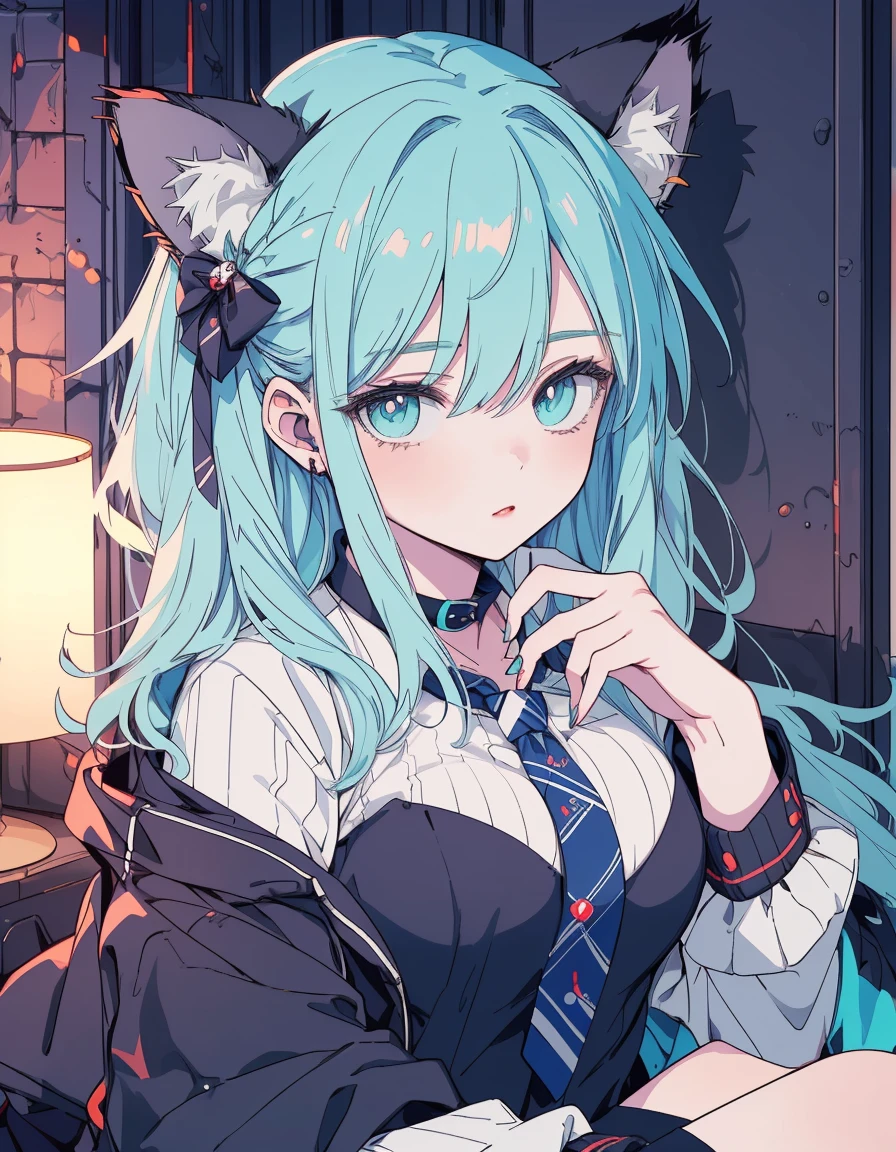 punk rock, midnight, full body, ((masterpiece, best quality:1.5)), ((Beautiful detailed cat aqua eyes:1.2)), cat ears, pale skin, medium breasts, beautiful hands, beautiful fingers, EasyNegative
