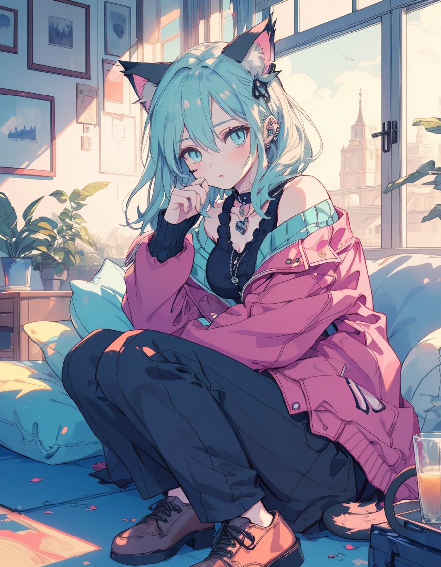 punk rock, midnight, full body, ((masterpiece, best quality:1.5)), ((Beautiful detailed cat aqua eyes:1.2)), cat ears, pale skin, medium breasts, beautiful hands, beautiful fingers, EasyNegative