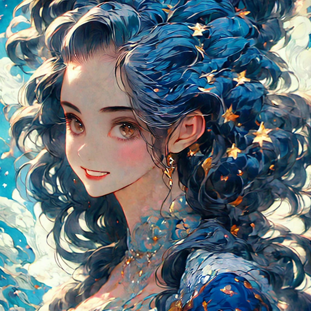 a woman with a crescent and stars in her hair, an ultrafine detailed painting by Rebecca Guay, tumblr, psychedelic art, moon goddess, goddess of the moon, lunar goddess, portrait of a norse moon goddess, celestial goddess, goddess of the hunt and the moon, goddess art, beautiful depiction, cosmic goddess, goddess of space and time, portrait of a cosmic goddess