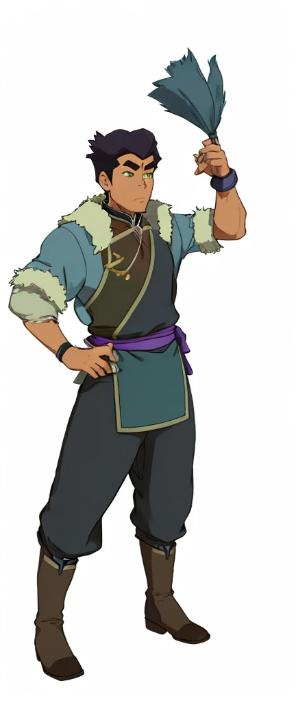 African-American, Bolin, water tribe traditional clothing mixed of blue and purple, with fur in shoulders and neck. Long sleeve, skinny, water tribe outfit. The character is wearing a blue, short-sleeved tunic with gold trim and fastenings down the front and fur collar, and fur on the shoulders. He has on dark purple pants tucked into knee-high boots. A green sash is tied around his waist. The overall style appears to be inspired by traditional East Asian clothing designs., fur on sleeves and shoulders, clothing mixed of water tribe purple and blue color and dark purple pants and skinny 