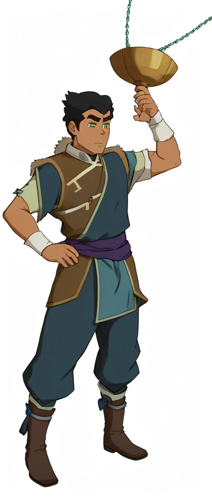 African-American, Bolin, water tribe traditional clothing mixed of blue and purple, with fur in shoulders and neck. Long sleeve, skinny, water tribe outfit. The character is wearing a blue, short-sleeved tunic with gold trim and fastenings down the front and fur collar, and fur on the shoulders. He has on dark purple pants tucked into knee-high boots. A green sash is tied around his waist. The overall style appears to be inspired by traditional East Asian clothing designs., fur on sleeves and shoulders, clothing mixed of water tribe purple and blue color and dark purple pants and skinny