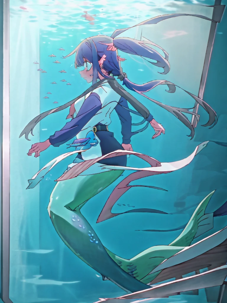 Witch half woman half fish, with human ears, swimming, long ponytail, fullbody, perfect anatomy, 
