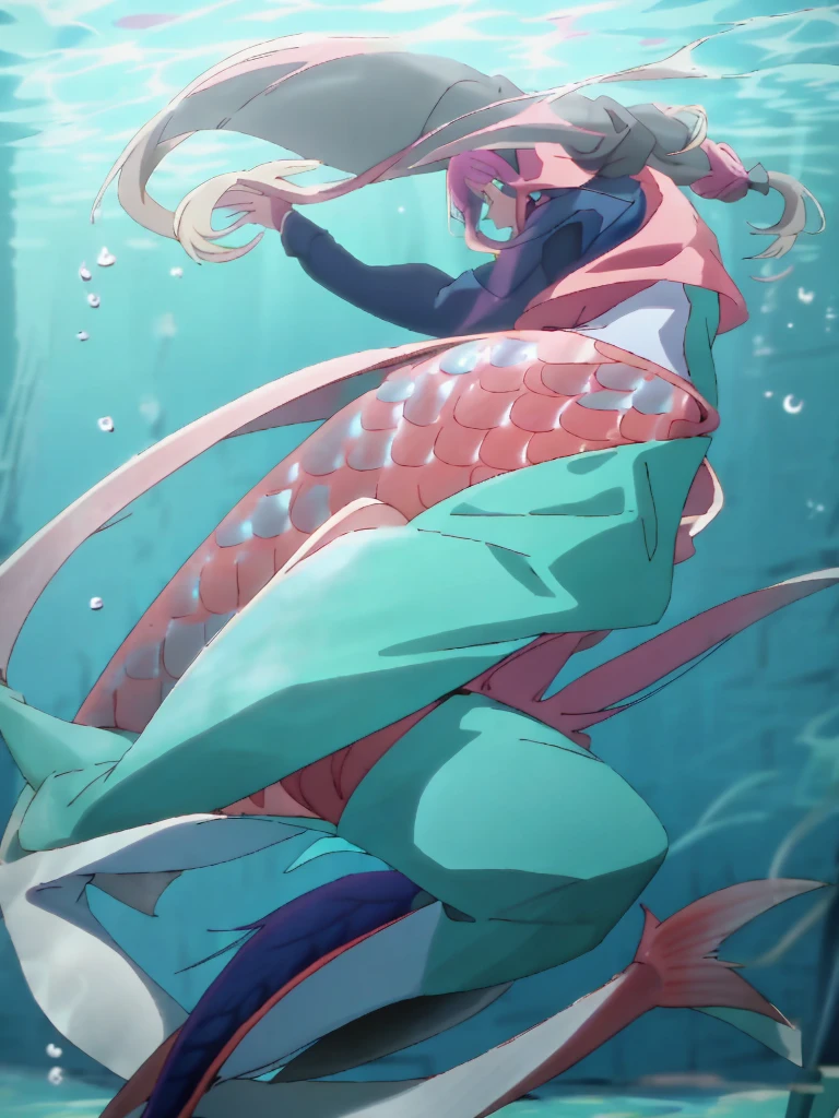 Witch half woman half fish, with human ears, swimming, long ponytail, fullbody, perfect anatomy,