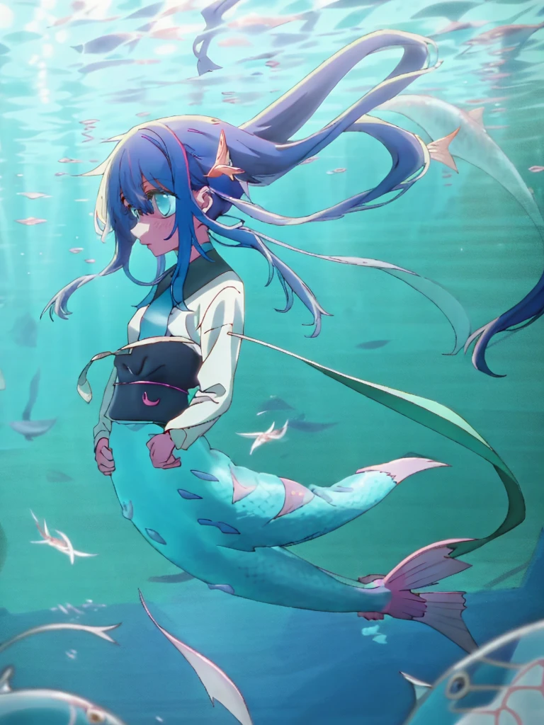 Witch half woman half fish, with human ears, swimming, long ponytail, fullbody, perfect anatomy, 
