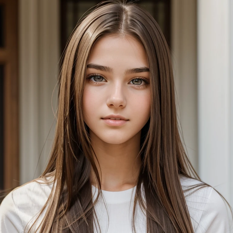 19 year old girl, pretty, very clear skin, Full mouth, long straight brown hair, styled hair, face photo, neutral facial expression, looking at the camera, realisitic