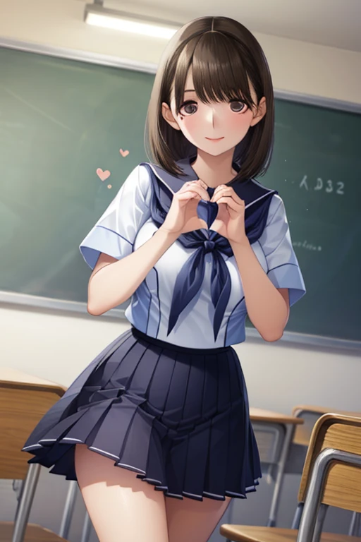 anegasaki nene、Shiny brown hair, short hair, (Beautiful brown eyes、Sparkling eyes, Fine grain)、smile、Ultra-detailed eyes、Highly detailed face, Highly detailed eyes,

(Heart Hands, with own hands:1), (Heart Hands, with own hands:1), 
Short-sleeved sailor suit、Navy blue mini pleated skirt、Very short mini skirt、Bare thighs、((classroom))、

(masterpiece, Highest quality), One girl, Beautiful Face,  (Heart Hands, with own hands:1), 