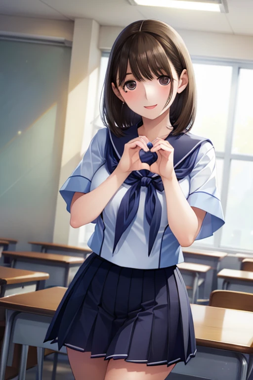 anegasaki nene、Shiny brown hair, short hair, (Beautiful brown eyes、Sparkling eyes, Fine grain)、smile、Ultra-detailed eyes、Highly detailed face, Highly detailed eyes,

(Heart Hands, with own hands:1), (Heart Hands, with own hands:1), 
Short-sleeved sailor suit、Navy blue mini pleated skirt、Very short mini skirt、Bare thighs、((classroom))、

(masterpiece, Highest quality), One girl, Beautiful Face,  (Heart Hands, with own hands:1), 