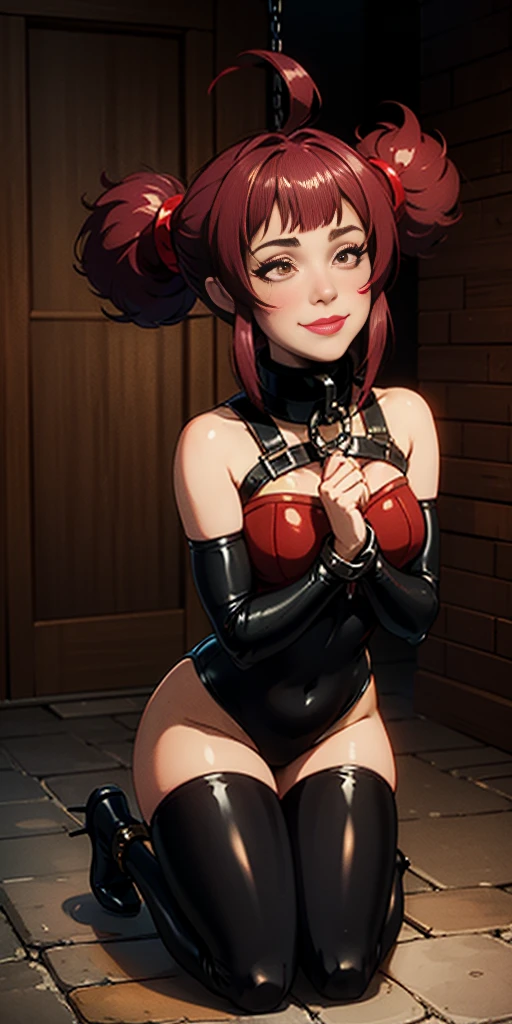Latex girl lustful smirking smile red blush red cheeks, chain leash, hands behind the head, kneeling, shackles, leather black collar slave, 2 high ponytails