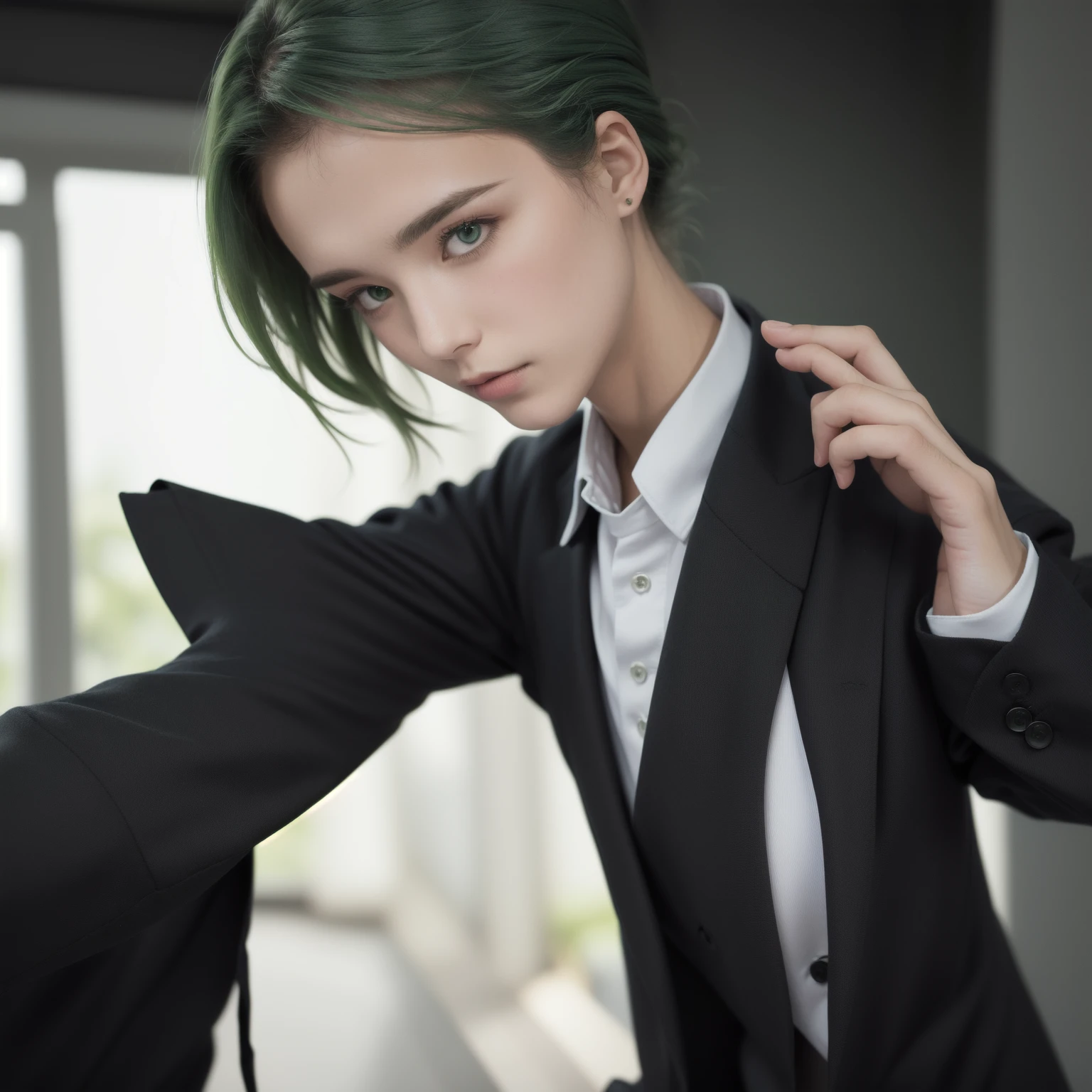 un homme aux cheveux gris et aux yeux verts dans une veste noire, capture d&#39;écran du trèfle noir, art clé de l&#39;anime, visuels clés de l&#39;anime, l&#39;anime présenté aujourd&#39;hui encore, beau mec dans l&#39;art du tueur de démons, personnage masculin d&#39;anime, jeune homme animé, dans le film d&#39;animation, toujours de l&#39;anime, en tant que personnage d&#39;anime, inspiré d&#39;Okumura Togyu