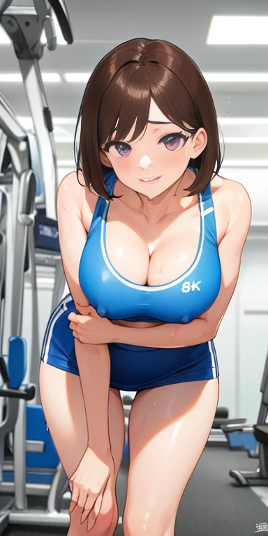 Realistic, One girl, blush, compensate, A light smile, Sportswear, skirt, Wet clothes, shine, Thighs, Purple eyes, Bare shoulders, clavicle, Tight waist, Cleavage, (masterpiece), Sweat,(Highest quality, 8K, 32k, masterpiece, Ultra-high resolution: 1.2), 1 Girl, Beautiful Japanese Woman,Age 25,Close-up of chest, errect nipples,thinウエスト, Attractive Office Lady,Sports Bra,sports gym , Are standing ,Leaning forward,Beautiful Face, Brown Hair, Bob Hair, Saggy eyes, Slender figure,Cleavage, thin, whole body, Detailed expression down to the fingertips,セクシーなThighs, One Woman, alone, A charming smile,Sweatで輝く肌