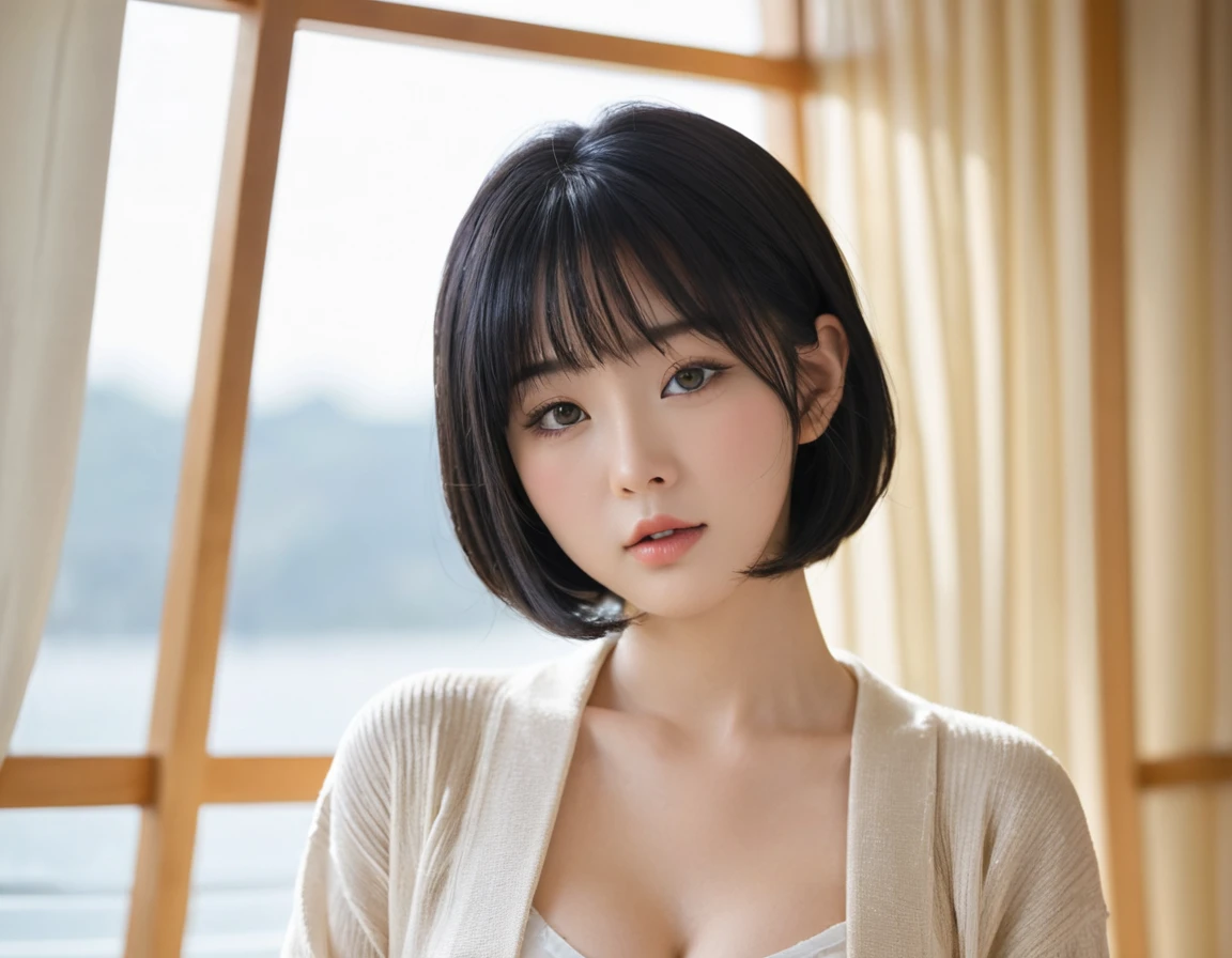 Black Bob with Bangs、ノースリーブのニットを着たBig Breastsの女の子が胸を強調している、Big Breasts、Inside the house、Natural look、Deep-set eyelids、round face、(20yo, young, cute:1.3), (japanese teen 1girl idol:1.3), ultra highres, real skin, Hyperrealism, glistening skin, (absurdres:1.2), (perfect anatomy), highly detailed background, (extremely detailed clothing),