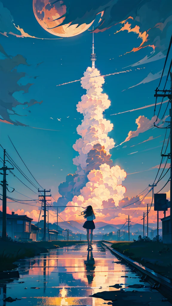 masterpiece, Exquisite detail,Highest quality, One girl, alone, handrail, cloud, buildings,Long Hair, zero, Long sleeve, Power lines, White footwear, Black Hair, Electric pole, bangs, cloudy zero, fish, bird, Green Eyes, Shorts, Day, Black Shirt, barefoot,Star,milky way,Meteors,Pitch black,Buildings,High quality anime art style，Standing painting，Splash ink background,Blue Themes,Clear Face,Distinct facial features,Fuji Mountain,Fuji Mountain,Buildings in Tokyo,Looking at me,View from behind,Shining Star々,milky way,sitting in water,Bright sky,Daytime,Looking straight ahead,Future City,train,Railroad crossing,sunset,A train running on the tracks,the sun and the moon