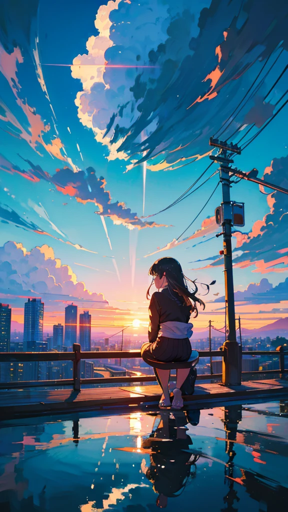 masterpiece, Exquisite detail,Highest quality, One girl, alone, handrail, cloud, buildings,Long Hair, zero, Long sleeve, Power lines, White footwear, Black Hair, Electric pole, bangs, cloudy zero, fish, bird, Green Eyes, Shorts, Day, Black Shirt, barefoot,Star,milky way,Meteors,Pitch black,Buildings,High quality anime art style，Standing painting，Splash ink background,Blue Themes,Clear Face,Distinct facial features,Fuji Mountain,Fuji Mountain,Buildings in Tokyo,Looking at me,View from behind,Shining Star々,milky way,sitting in water,Bright sky,Daytime,Looking straight ahead,Future City,train,Railroad crossing,sunset,A train running on the tracks,the sun and the moon