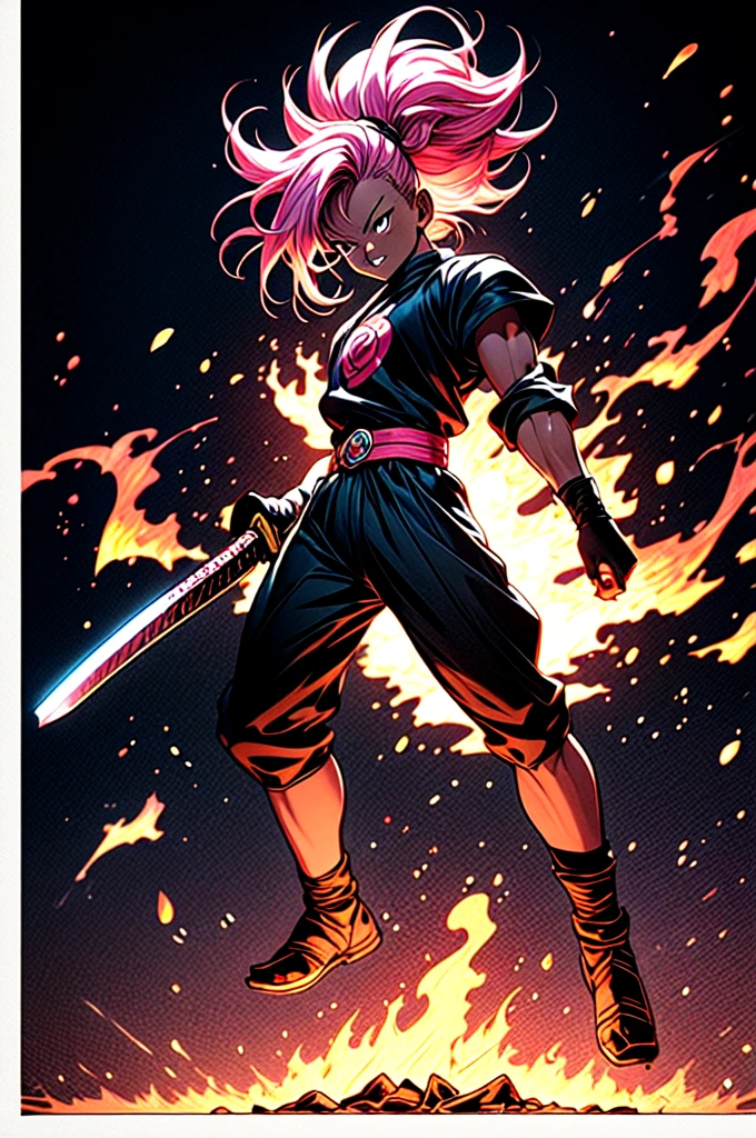 manga style, classical, art by akira toriyama, absurdres,1girl, gradient hair, pink hair, dark skinned,short Knight outfit,swinging a blazing fire katana,full body shot,detail medieval daungon backgroung 