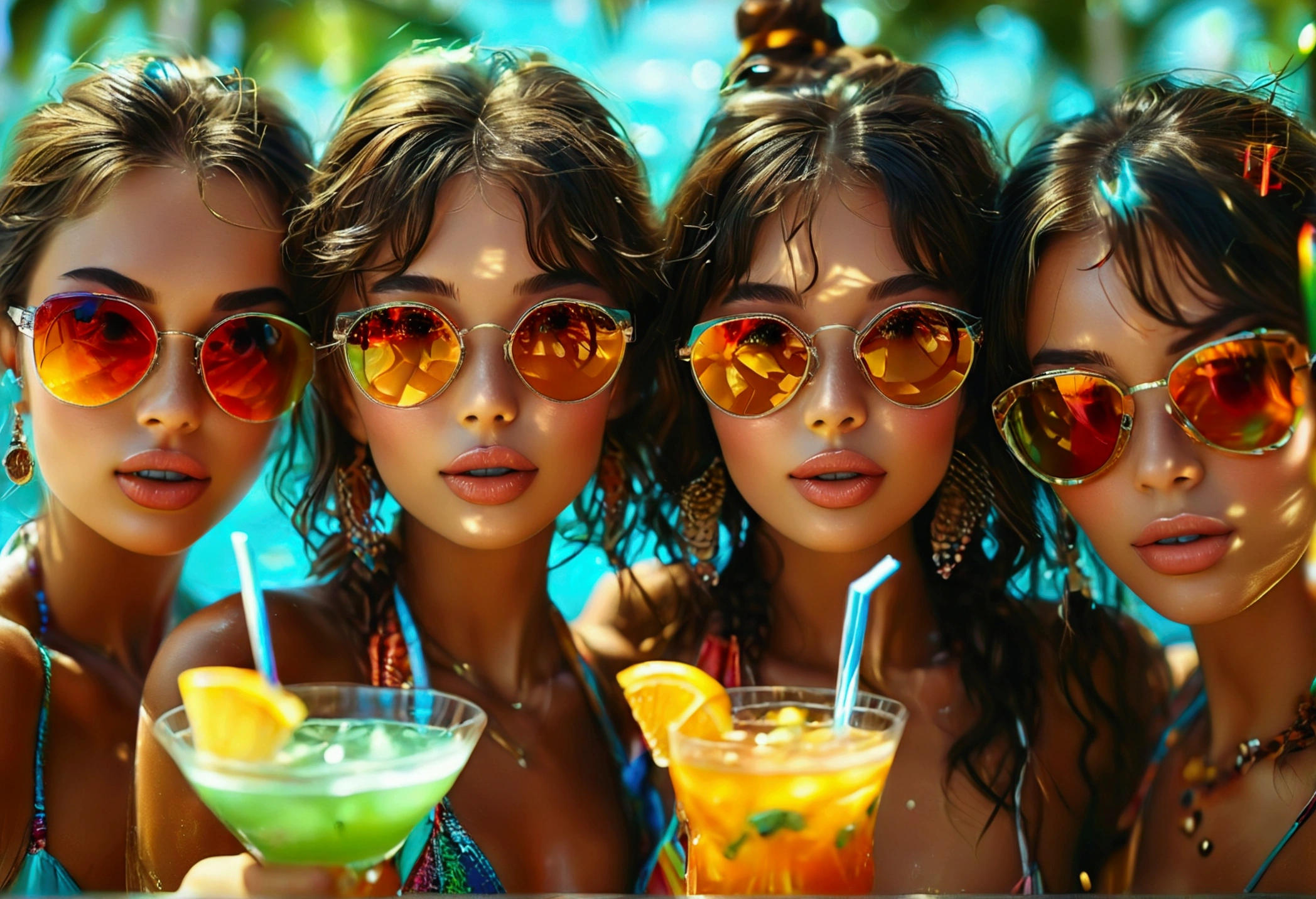 A group of beautiful girls in colorful bikinis, everyone is enjoying a pool party, beautiful detailed eyes, beautiful detailed lips, extremely detailed eyes and face, long eyelashes, stylish sunglasses:1.2, Everyone have their own cocktail:1.2, enjoying dancing, enjoying drinks, by a high-end pool, swimming, fun vibrant summer party, fun summer memories, (highest quality,16k,highres,masterpiece:1.2),ultra-detailed,(ultra-realistic,photo-realistic:1.37),HDR,UHD,studio lighting,ultra-fine painting,sharp focus,physically-based rendering,extreme detail description,professional,vivid colors,bokeh,photography