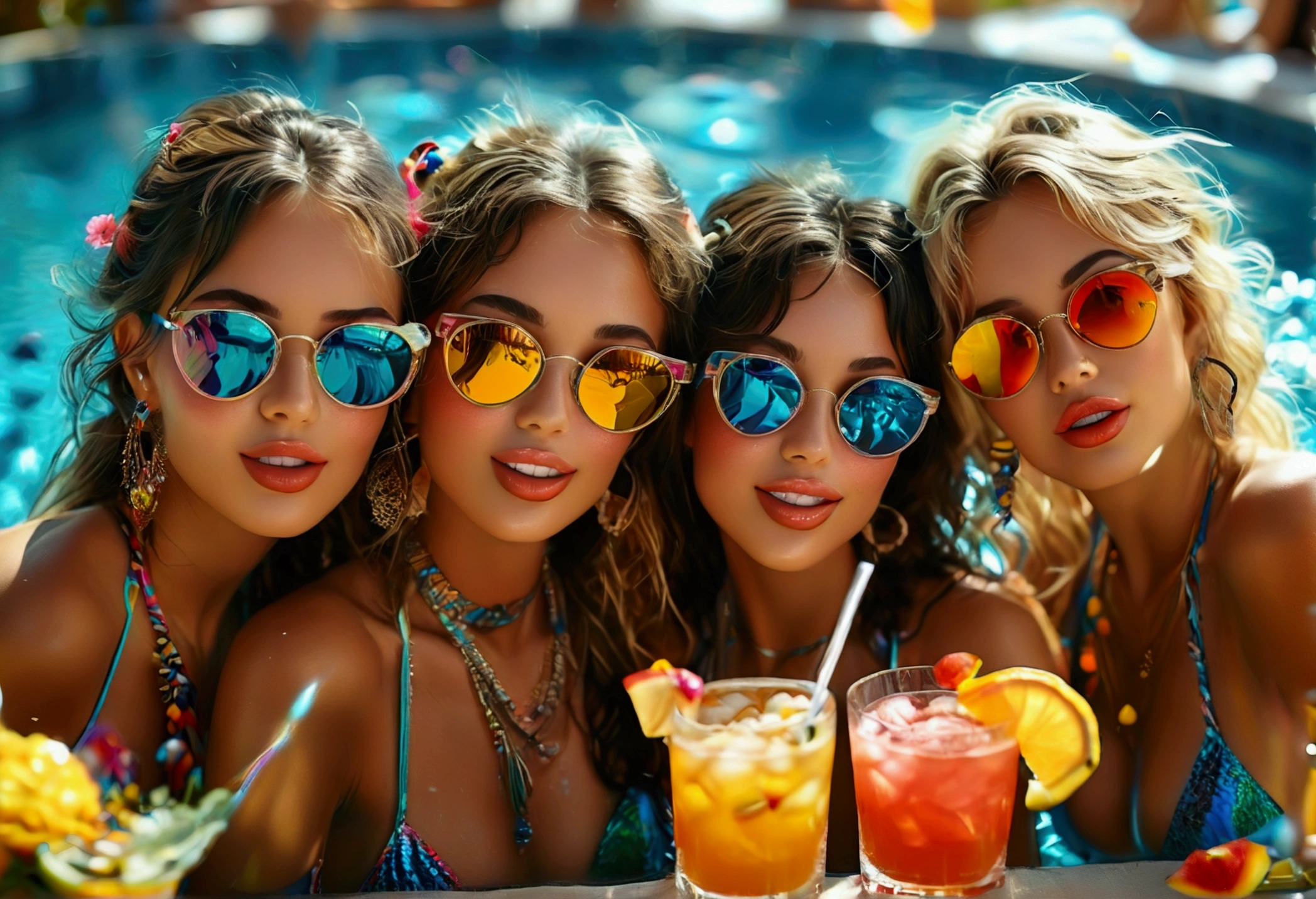 A group of beautiful girls in colorful bikinis, everyone is enjoying a pool party, beautiful detailed eyes, beautiful detailed lips, extremely detailed eyes and face, long eyelashes, stylish sunglasses:1.2, Everyone have their own cocktail:1.2, enjoying dancing, enjoying drinks, by a high-end pool, swimming, fun vibrant summer party, fun summer memories, (highest quality,16k,highres,masterpiece:1.2),ultra-detailed,(ultra-realistic,photo-realistic:1.37),HDR,UHD,studio lighting,ultra-fine painting,sharp focus,physically-based rendering,extreme detail description,professional,vivid colors,bokeh,photography