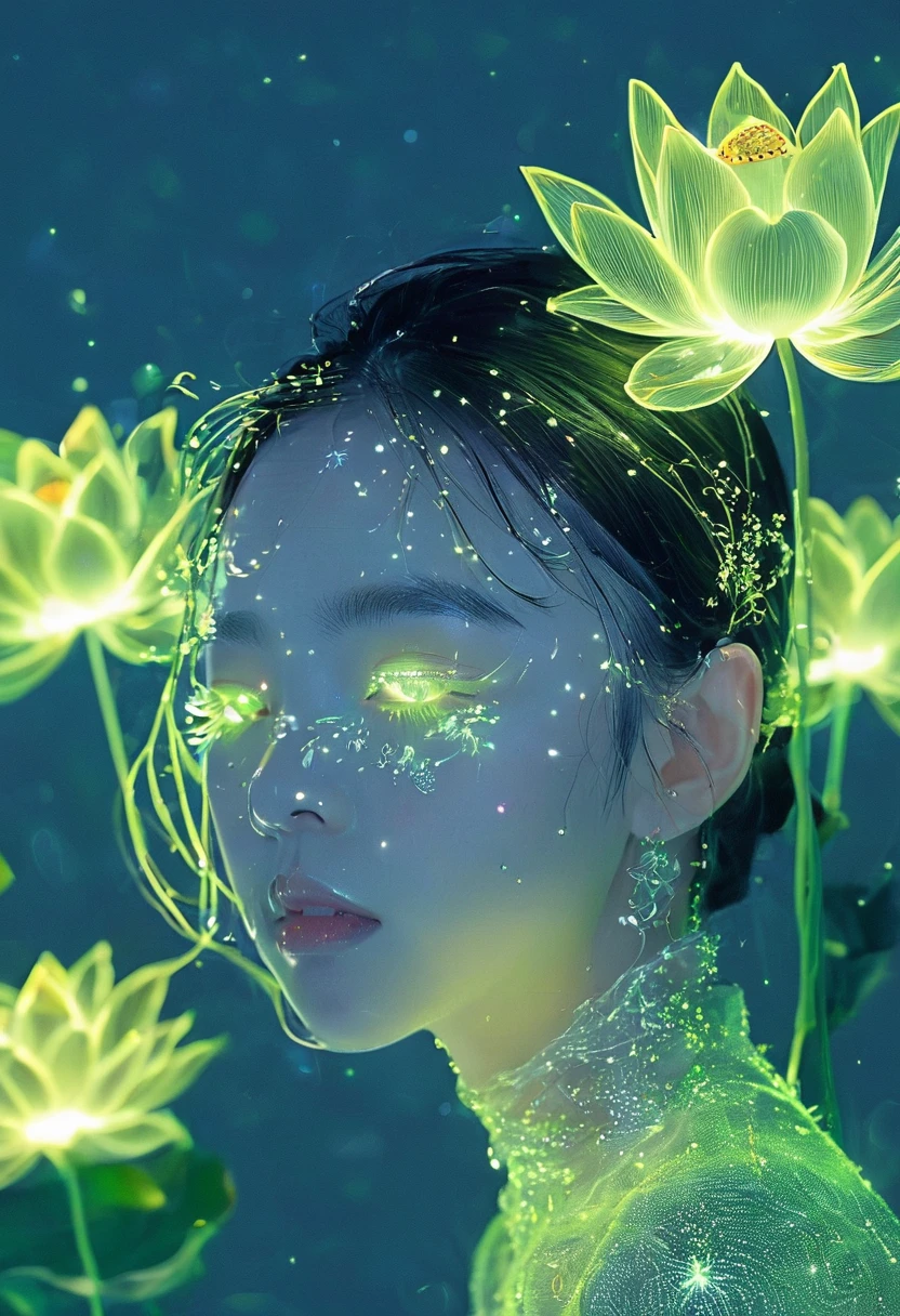 high resolution, Ultra Detailed, (1 girl:1.3),（lotus）
BREAK Sunlight, reverberation, Experimental photography, Surreal contrasts, Eye-Catching Visuals, Artistic abstraction,
Breaking the art of cutting, Layered Outlines, complex pattern, exquisite craft, shadow play, Depth and size, creative expression,
break art, Frozen sculpture, translucent form, short-lived beauty, Crystal structure, exquisite craft, touching,
Breaking Green Eyes,Body Glow，glowing lines，Fluorescence,Glow Example，Sample trace，flash，萤Light Particles，Backlight，translucent，Light Particles
