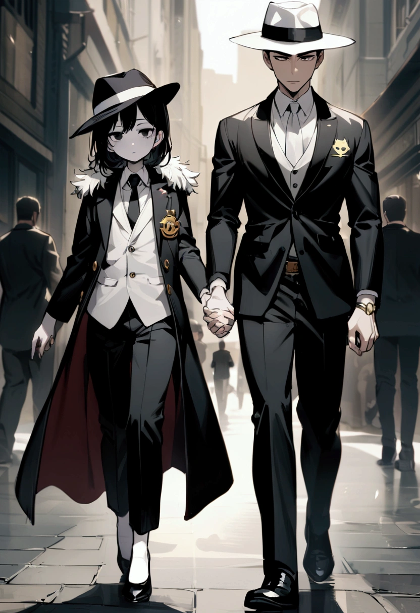Masterpiece, children, boys, pale skin, black eyes, black hair, white shirt, black suits, black trousers, black shoes, white long jacket with gold bars on the shoulders, black short robe with feathers, black and white fedora hat, red reversible stole, sharp gaze, he's the mafia boss of the strongest mafia group, wolf logo, both hands put in pockets, with his girl, she hold his hand to him