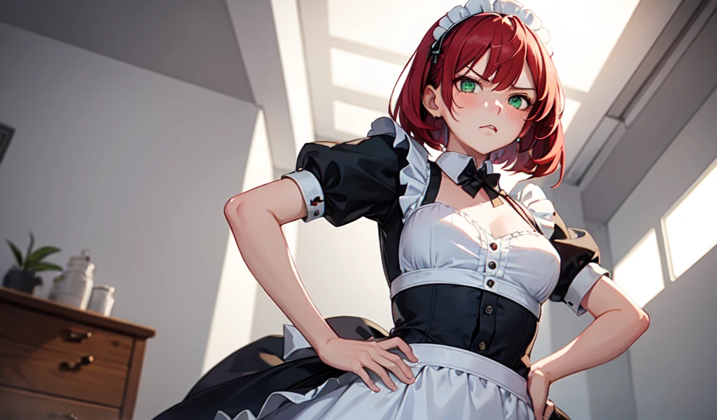 ((best quality)), ((masterpiece)), (detailed), 1girl, Beautiful stylish maid is a little angry,Angle from directly below,Hands on hips,Very attractive,,Red hair,Beautiful green eyes,Her face is red and she looks a little embarrassed.,On the chest１There is a small handprint stain