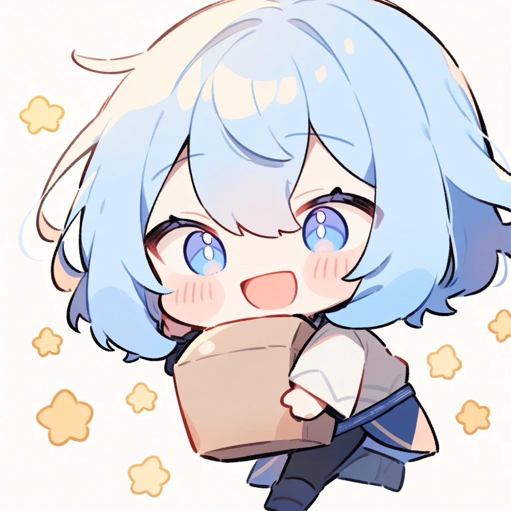 1boy, Chibi, Blue Hair, Happy, carrying a box