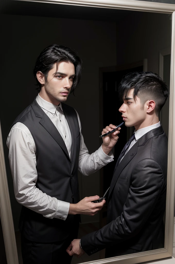 a man as a hairdresser, handsome face, neatly combed black hair, wearing a black suit, right hand holding scissors, left hand holding a comb, shaving an adult man, in front of a mirror,