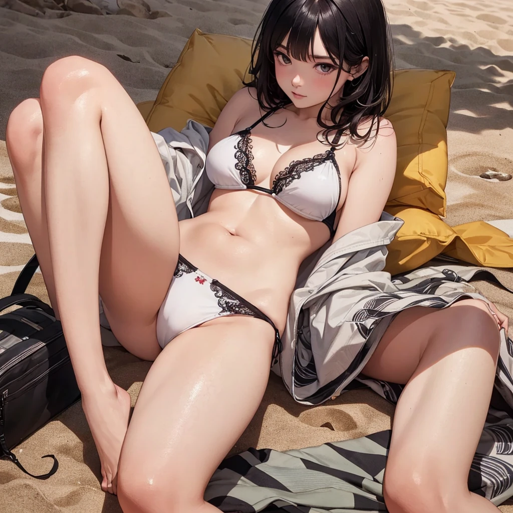 (the highest quality, Best Quality, Official art), ighly detailed, highest details, (Ultra-detailed), ((extremely delicate and beautiful)), NSFW, vivid natural color, high resolution, High resolution, low angle, masterpiece, beautiful black-haired girl, 18years old, white bikinis. in beach