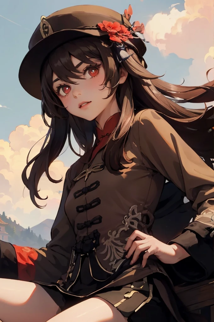 1 girl solo, brown jacket, long brown hair, red eyes, brown hat with red flowers, in a small medieval chinese town, old chinese buildings, mountains far on background, chinese temple