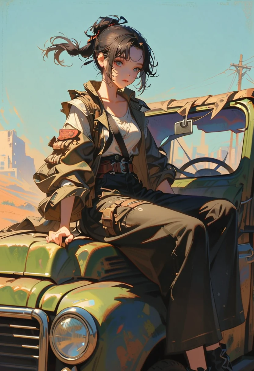 style 9, a woman with straight black hair tied in a ponytail, eyes black, wearing old post-apocalyptic clothes, sitting in an old truck
