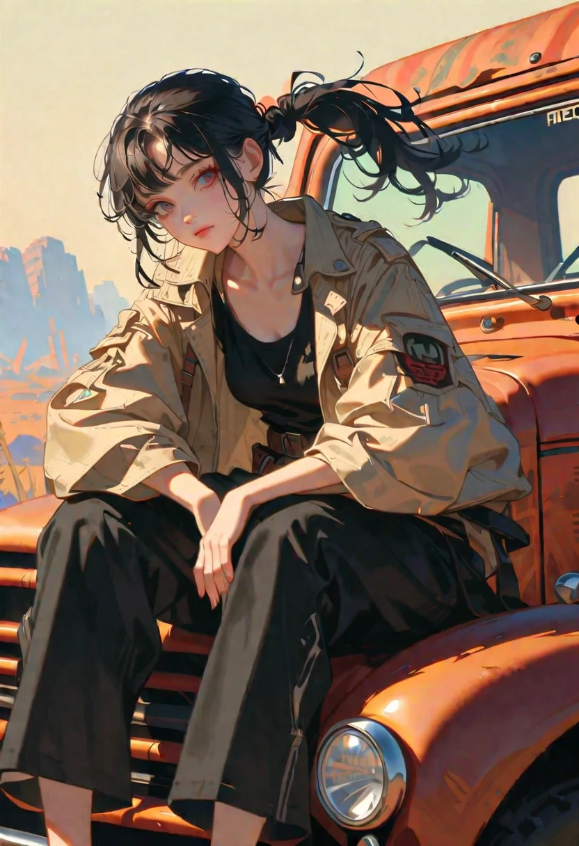 style 9, a woman with straight black hair tied in a ponytail, eyes black, wearing old post-apocalyptic clothes, sitting in an old truck