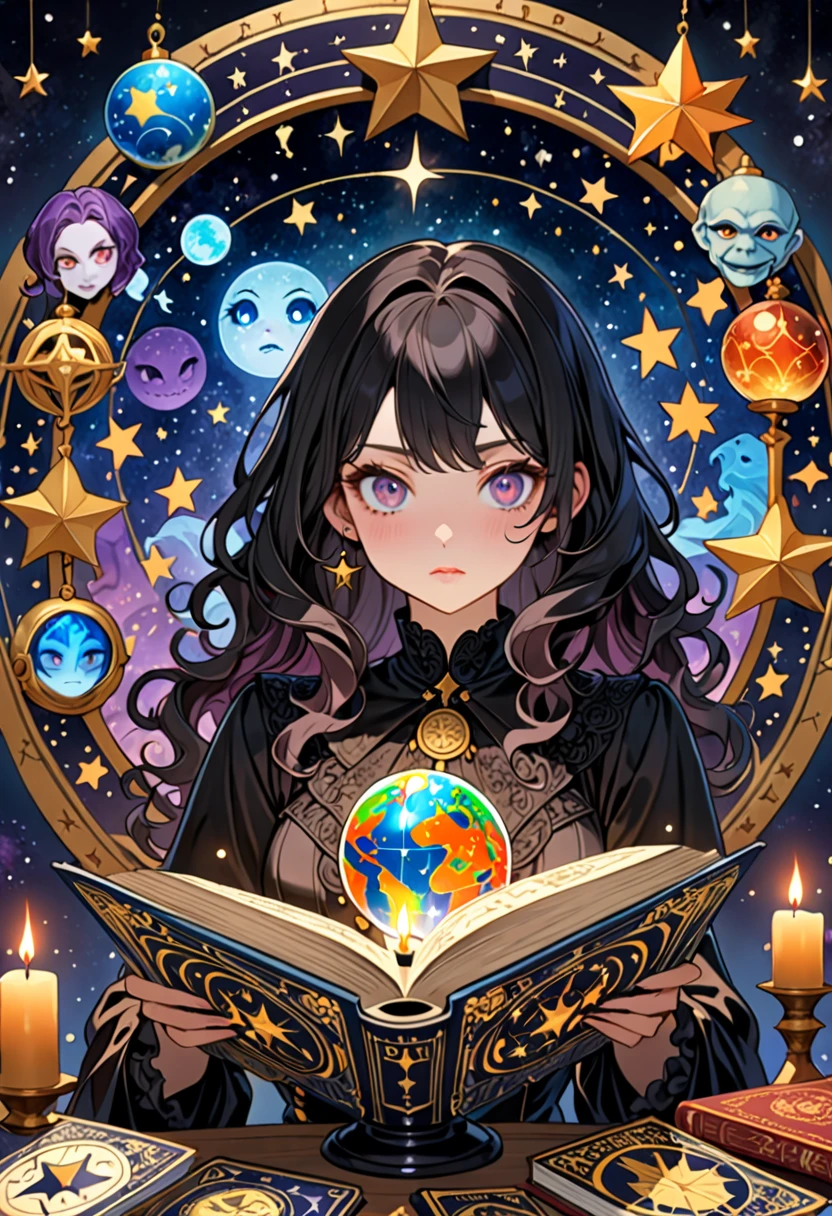 Highest quality, 16K, Unbelievably absurd, Very detailed, 2.5D, delicate and dynamic, , formal, Fortune Telling Hut, Gothic, candle, Astrology Books, Suspicious ornament, Star Chart, Thick book, Creepy Paintings, Gargoyle, A colorful celestial globe, Small face, Very delicate facial expressions, Delicate eye depiction, Upper body close-up, erotic, One sexy woman, Cool woman, black long wavy hair, Healthy body shape, 25-year-old woman, Cool woman, Height: 170cm, huge bouncing busts, astrologer, Horoscope, Tarot Cards, Suspicious look, A complex magician's outfit, Magician's outfit in chic colors, garter belt, Fishnet tights, Magician's Shoes, At the desk, Fortune telling,