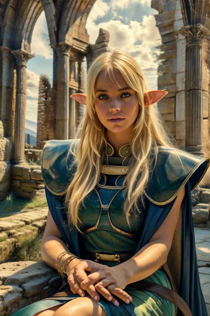 1girl, deedlit, blond elf, sitting gracefully on ancient stone bench, playing lute, long flowing hair, flowing cloak, soft breeze, detailed face, beautiful detailed eyes, beautiful detailed lips, extremely detailed face and features, hyperrealistic, photorealistic, 8k, cinematic lighting, dramatic atmosphere, fantasy landscape, ancient ruins, mossy stones, warm color palette