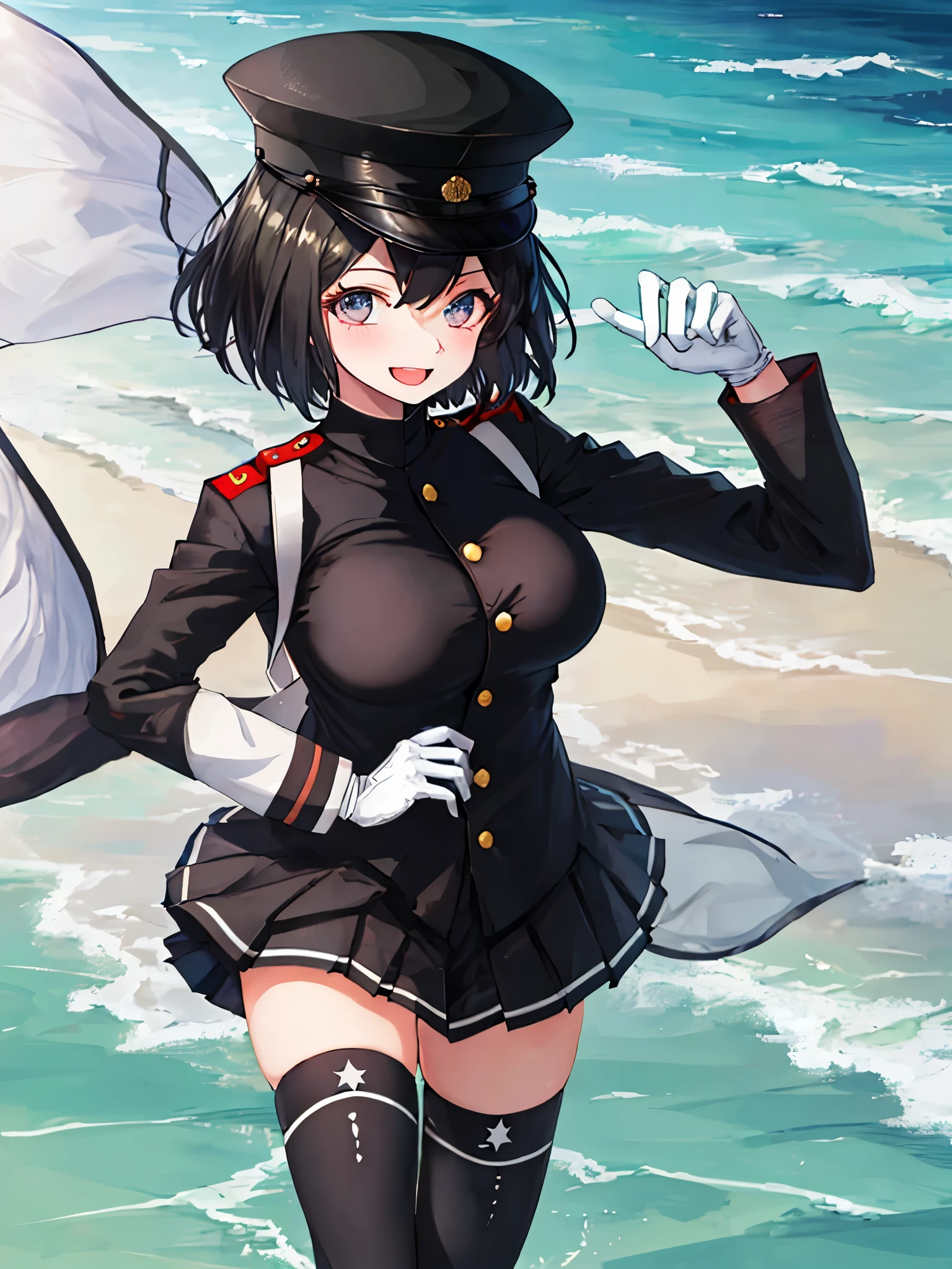 best quality, masterpiece, solo, {akitsu_maru_kantaicollection:1.15}, black_hair, short_hair, hat, peaked_cap, black_eyes, military, big_boobs, 1girl, black_headwear, looking_at_viewer, military_uniform, uniform, military_hat, sea_background, smile,(plump:0.7),selfie,black_thigh-highs,joylight_open_mouth,
