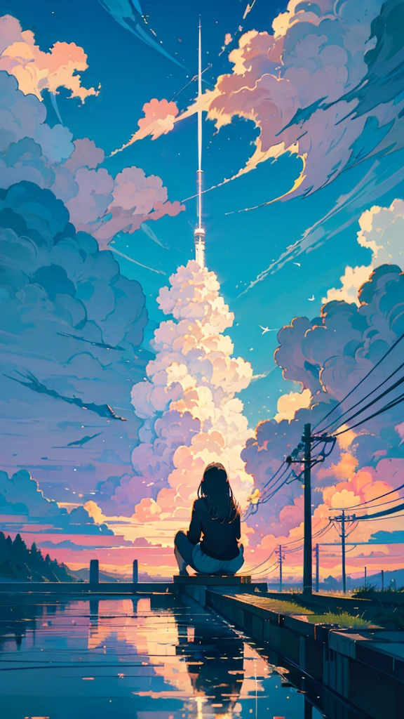 masterpiece, Exquisite detail,Highest quality, One girl, alone, handrail, cloud, buildings,Long Hair, zero, Long sleeve, Power lines, White footwear, Black Hair, Electric pole, bangs, cloudy zero, fish, bird, Green Eyes, Shorts, Day, Black Shirt, barefoot,Star,milky way,Meteors,Pitch black,Buildings,High quality anime art style,Standing painting,Splash ink background,Blue Themes,Clear Face,Distinct facial features,Fuji Mountain,Fuji Mountain,Buildings in Tokyo,Looking at me,View from behind,Shining Star々,milky way,sitting in water,Bright sky,Daytime,Looking straight ahead,Future City,train,Railroad crossing,sunset,A train running on the tracks,the sun and the moon