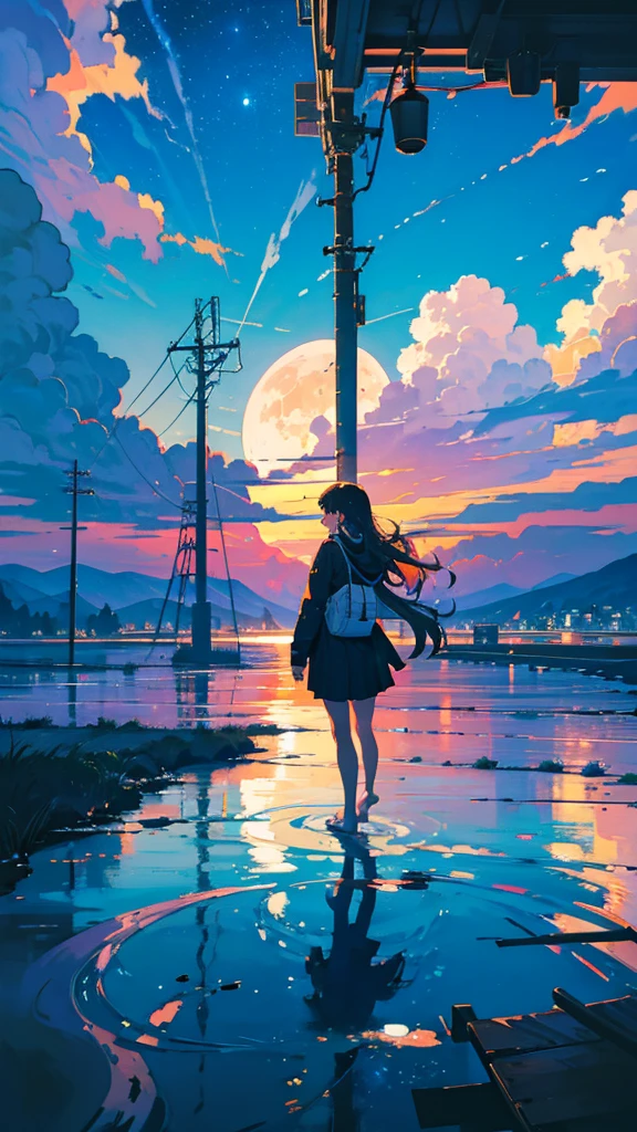 masterpiece, Exquisite detail,Highest quality, One girl, alone, handrail, cloud, buildings,Long Hair, zero, Long sleeve, Power lines, White footwear, Black Hair, Electric pole, bangs, cloudy zero, fish, bird, Green Eyes, Shorts, Day, Black Shirt, barefoot,Star,milky way,Meteors,Pitch black,Buildings,High quality anime art style,Standing painting,Splash ink background,Blue Themes,Clear Face,Distinct facial features,Fuji Mountain,Fuji Mountain,Buildings in Tokyo,Looking at me,View from behind,Shining Star々,milky way,sitting in water,Bright sky,Daytime,Looking straight ahead,Future City,train,Railroad crossing,sunset,A train running on the tracks,the sun and the moon