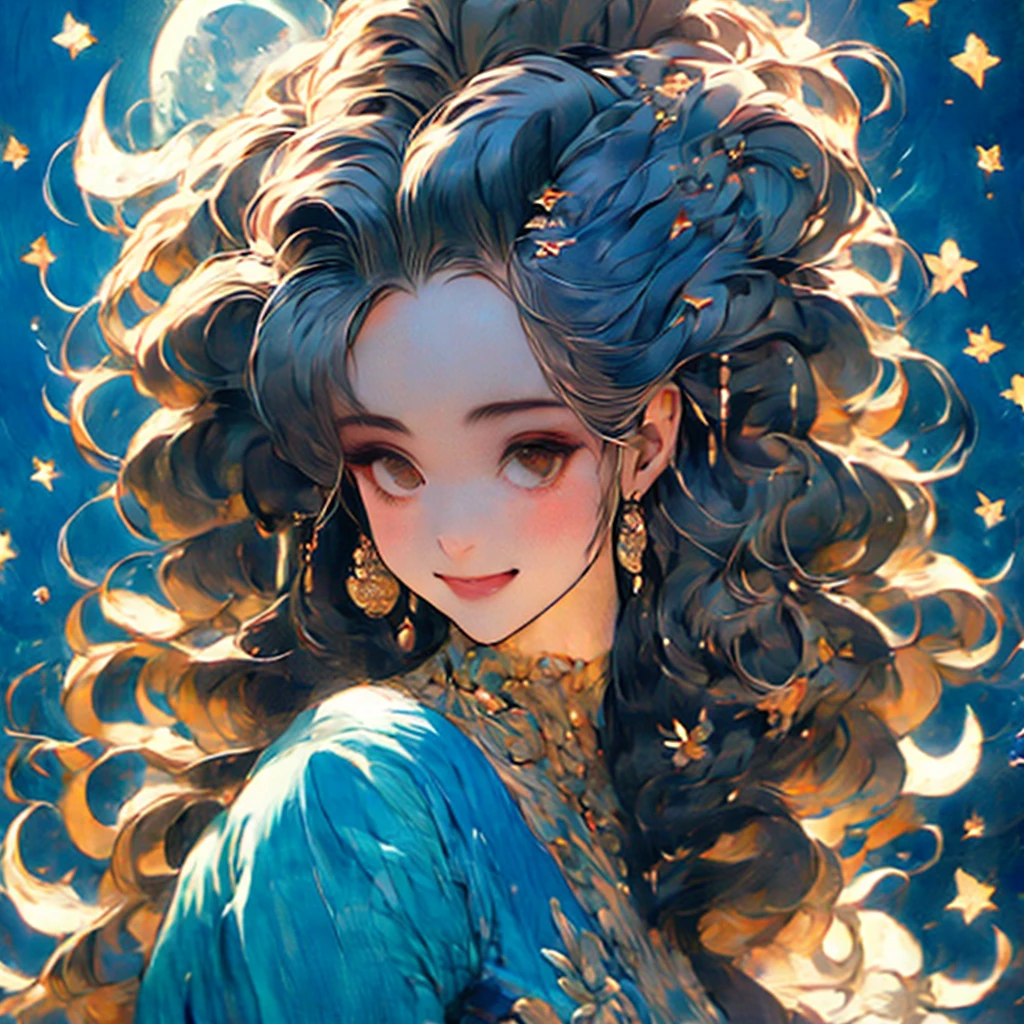 a woman with a crescent and stars in her hair, an ultrafine detailed painting by Rebecca Guay, tumblr, psychedelic art, moon goddess, goddess of the moon, lunar goddess, portrait of a norse moon goddess, celestial goddess, goddess of the hunt and the moon, goddess art, beautiful depiction, cosmic goddess, goddess of space and time, portrait of a cosmic goddess