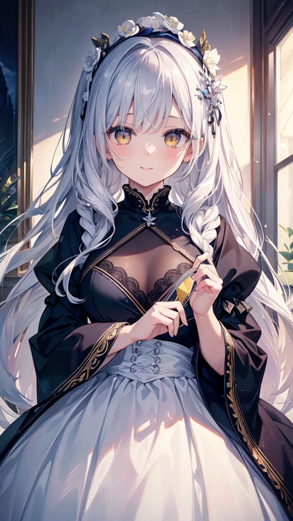 masterpiece、Highest quality、High resolution、High-quality images、8K, 12-year-old girl、Skin Radiance、Texture of skin and clothing、Expression of fine eyes、Silver Hair,Long Hair Girl, Calm illustration、dress, Beautiful yellow eyes, Fuller lips, Gorgeous face with attention to detail, (Cute Smile), charm, Innocent, Side view, (Perfectly detailed face), (Beautiful Hands) Photorealistic images, Written boundary depth, moonlight、Big Breasts