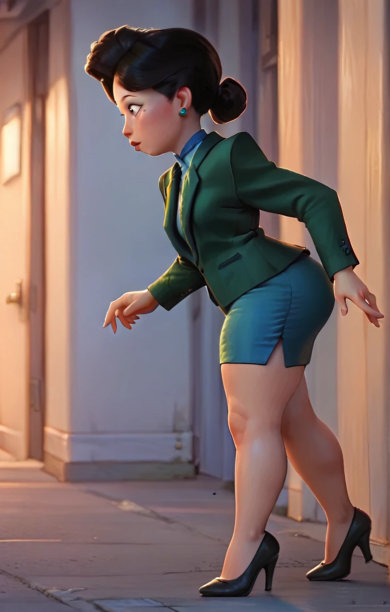 black blazer, black pencil skirt, wide hips, thick legs, thick thighs, wearing small black high heels, walking, side view, cum on her ass