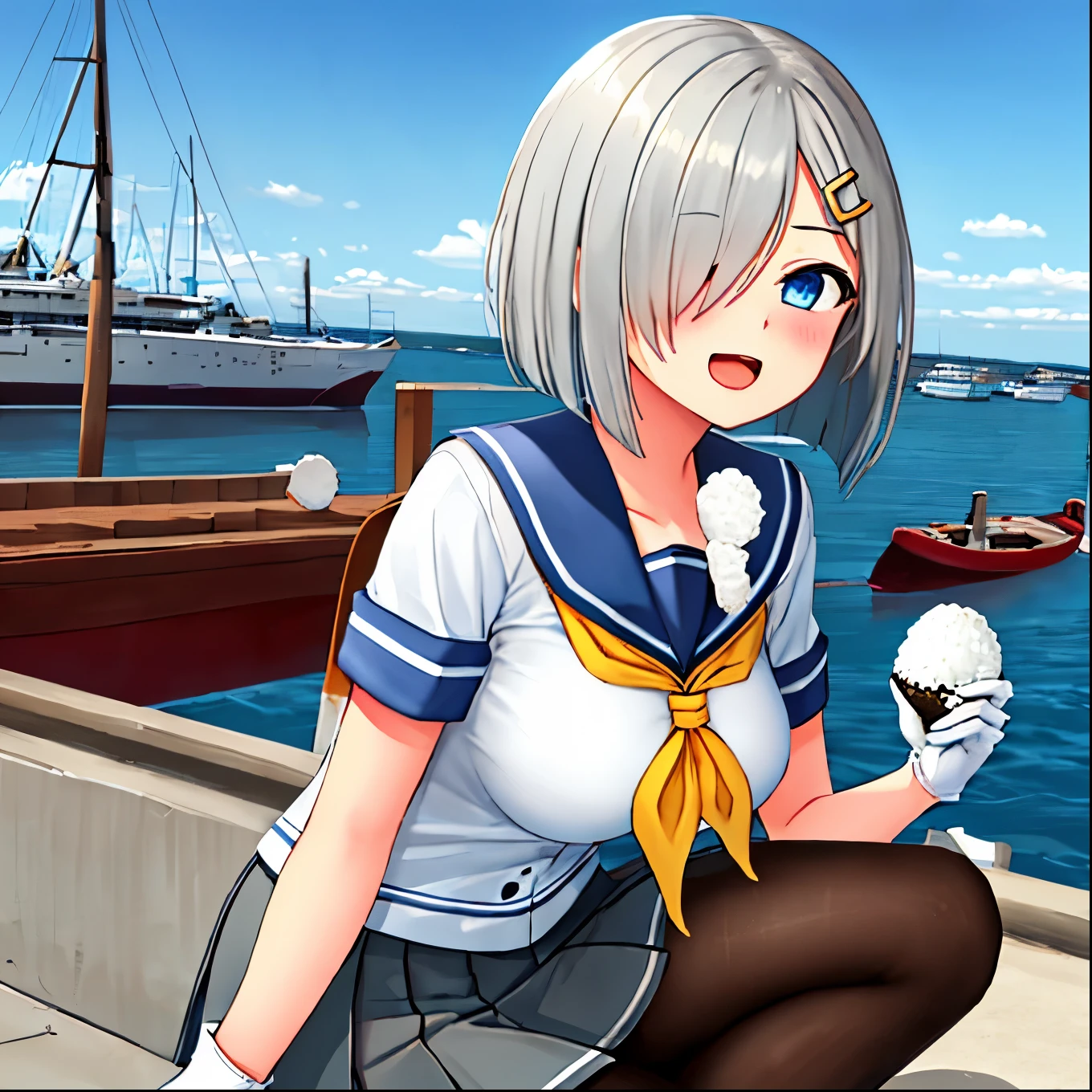 best quality, masterpiece, highres, solo, {hamakaze_kantaicollection:0.90}, 1girl, ,younger_,black_pantyhose, pleated_skirt, serafuku, short_sleeves, simple_background, white_background, yellow_neckerchief, white_gloves, looking_at_viewer, grey_skirt, blush, eyes_visible_through_hair, blue_sailor_collar, dynamic_posing,long_bangs,hair_over_one_eye,harbor_school_background,outdoor,large_breasts,onigiri,riceball,girl_eating_riceball,happy,open_mouth