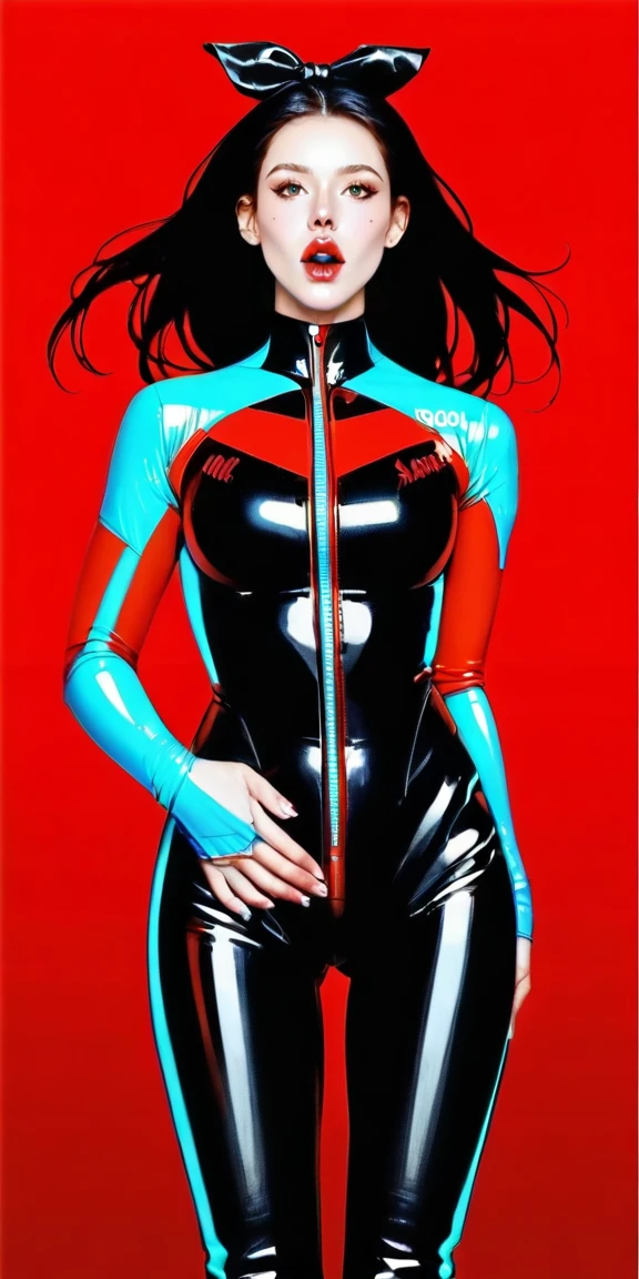 score_9, score_8_superior, score_7_superior, break,
 One girl, Black Hair, Bodysuits, chest, Cowboy Shot, Slope, Slope background, latex, Long Hair, View your viewers, Realistic, Red background, Shiny, Shiny clothes, Fits perfectly to the skin, alone, Are standing,Fat、Beautiful Face、Screaming face、Agony face、Ahegao、Hold your crotch with both handsのは痛い、naked、Bow-legged、Hold your crotch with both hands、Grab the crotch
