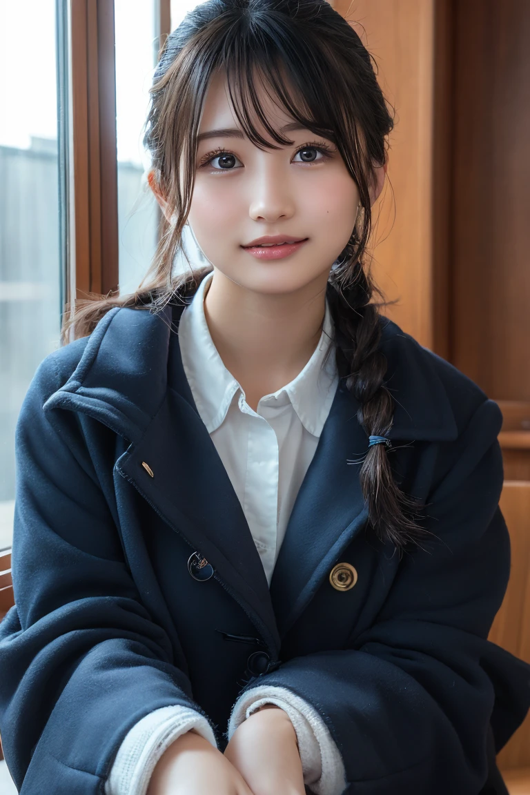 Tabletop, Highest quality, shape, Very detailed, finely, High resolution, 8k wallpaper, 完璧なダイナミックな構shape, Beautiful and detailed, Straight hair, Small breasts, Natural color lip, Random sexy poses,smile,20-year-old girl、Midnight、Beautiful and elaborate face、Perfect and beautiful face,Big eyes、RAW Photos、Expressing feminine poses with the whole body、Beautiful and detailed、Small face、Beautiful Duplex、Slim face and figure,Luxury brand mink coat(Inside：Winter clothes)、Beautiful golden ratio face,ツインponytail,Bright expression,Shooting with a focus on beautiful legs、ponytail、One-sided braid